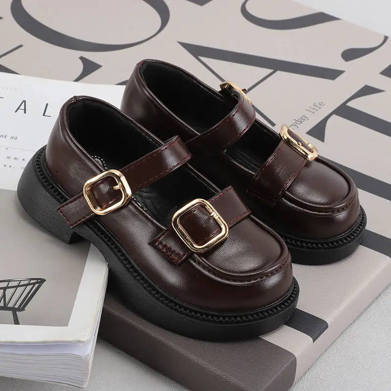 British Style Leather Shoes for Girls Black Gold Buckles