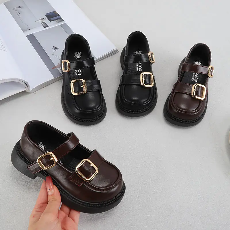 British Style Leather Shoes for Girls Black Gold Buckles