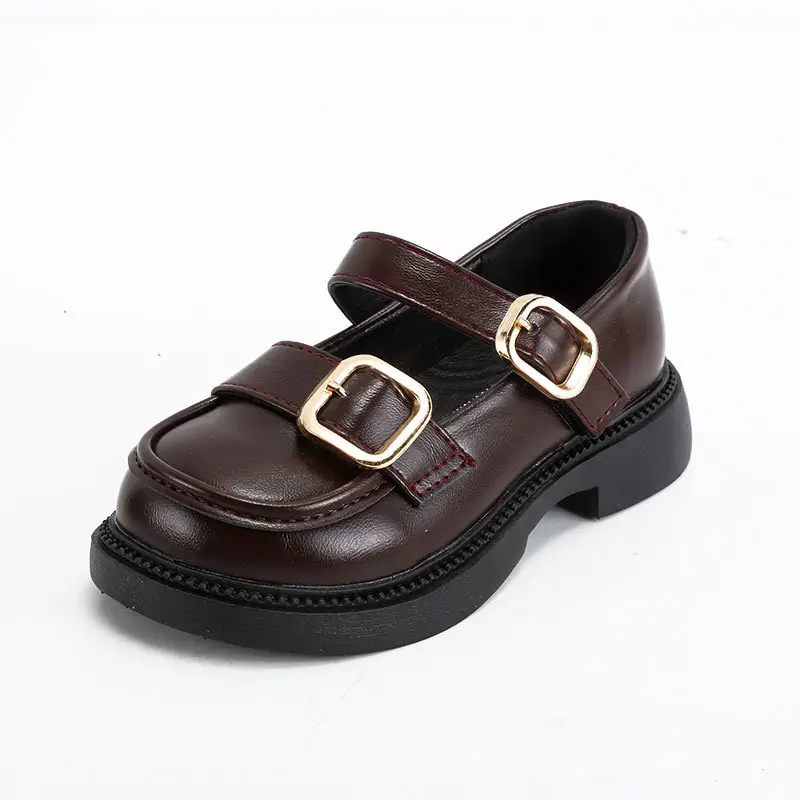 British Style Leather Shoes for Girls Black Gold Buckles