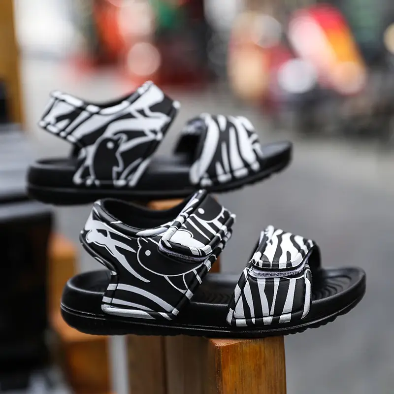 Kids Zebra Print Waterproof Sandals Black White
