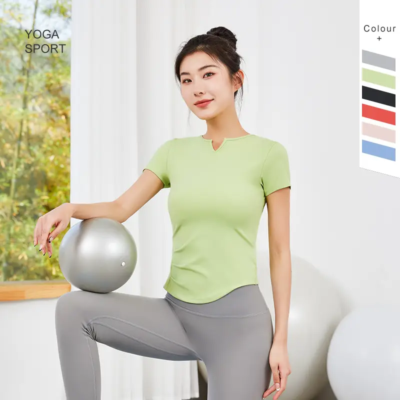 Women Pleated Waist Yoga T-Shirt Summer Slim Fit