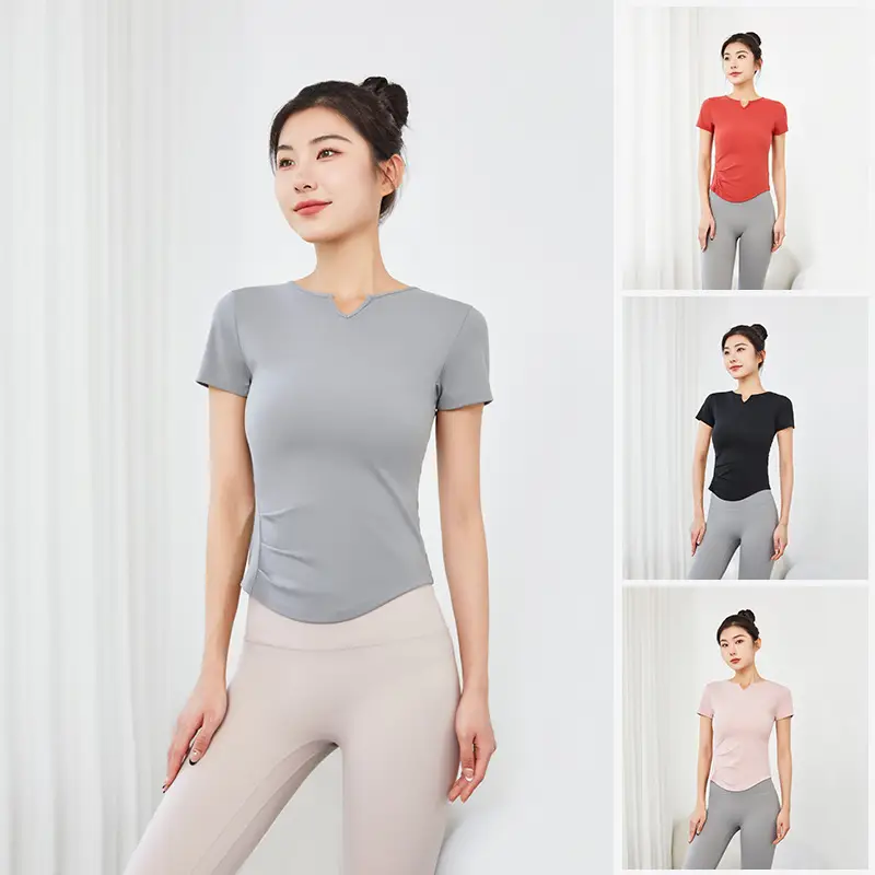 Women Pleated Waist Yoga T-Shirt Summer Slim Fit