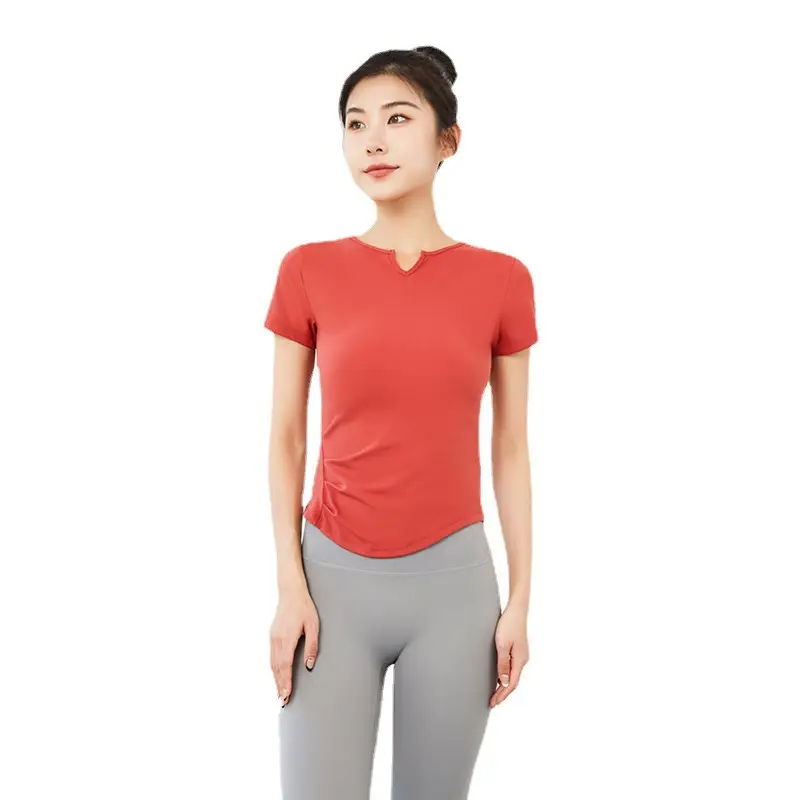 Women Pleated Waist Yoga T-Shirt Summer Slim Fit