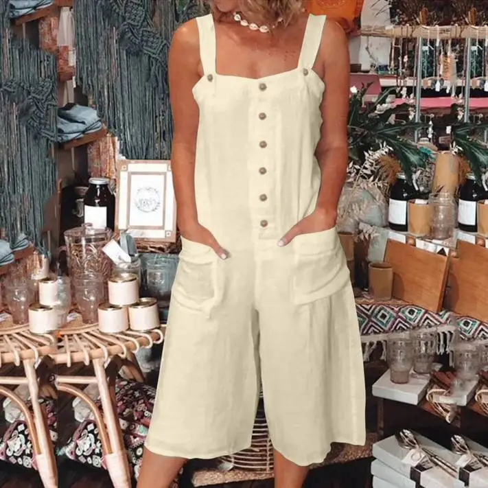 White Cotton Casual Strap Jumpsuit for Women