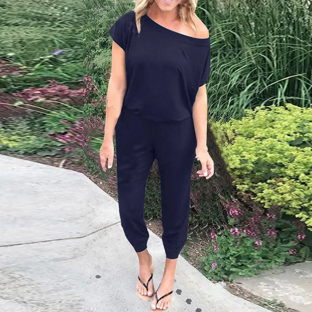 Women Loose Slant Shoulder Jumpsuit Black Summer