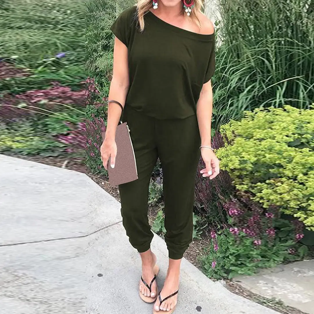 Women Loose Slant Shoulder Jumpsuit Black Summer