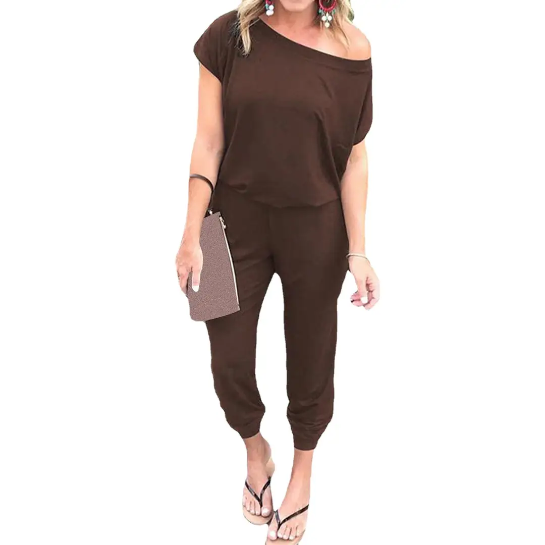 Women Loose Slant Shoulder Jumpsuit Black Summer