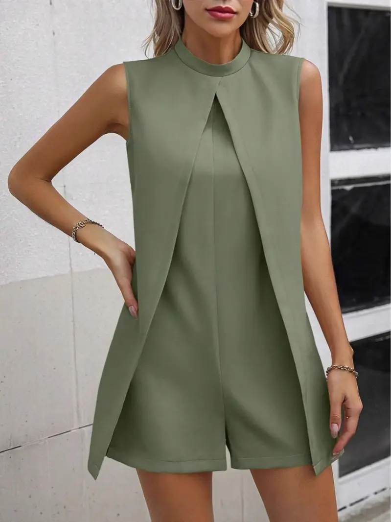 Women Pink Sleeveless Stand Collar Jumpsuit Summer Casual