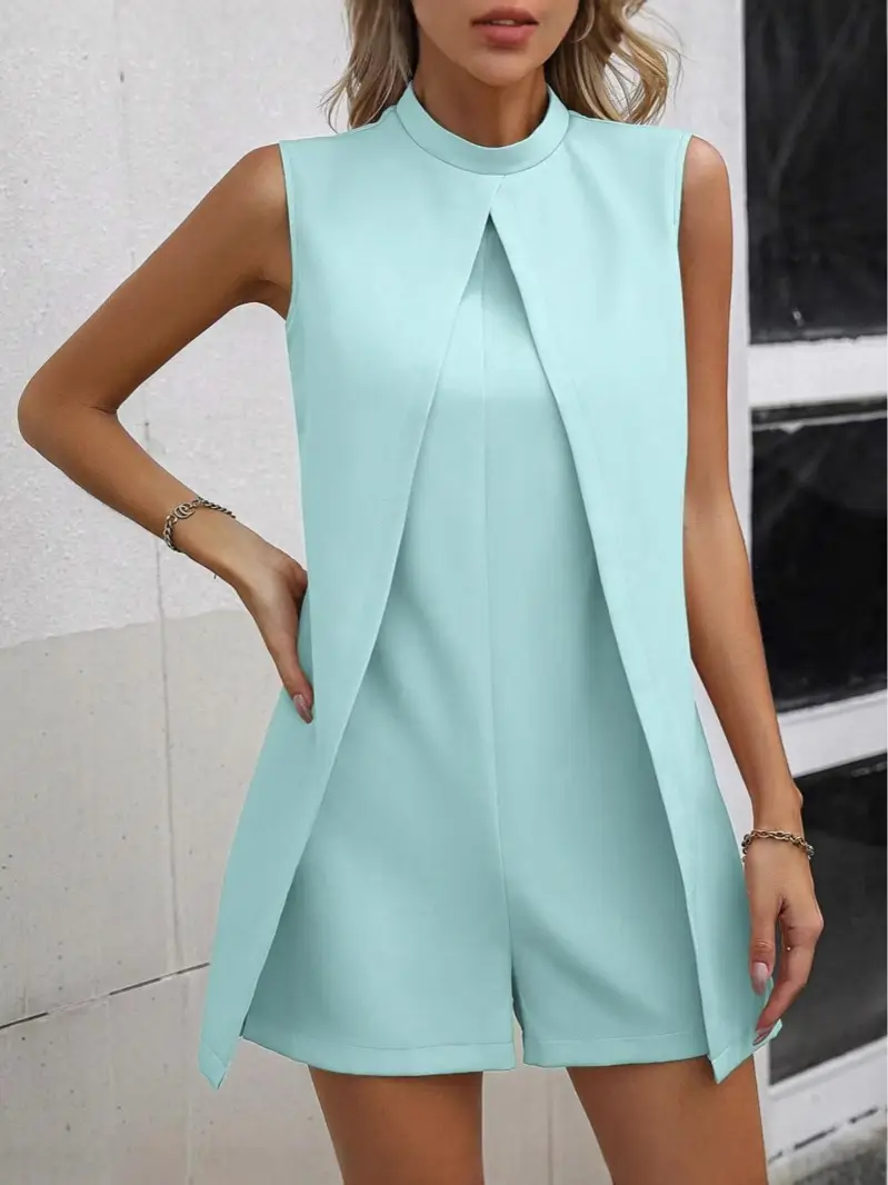 Women Pink Sleeveless Stand Collar Jumpsuit Summer Casual