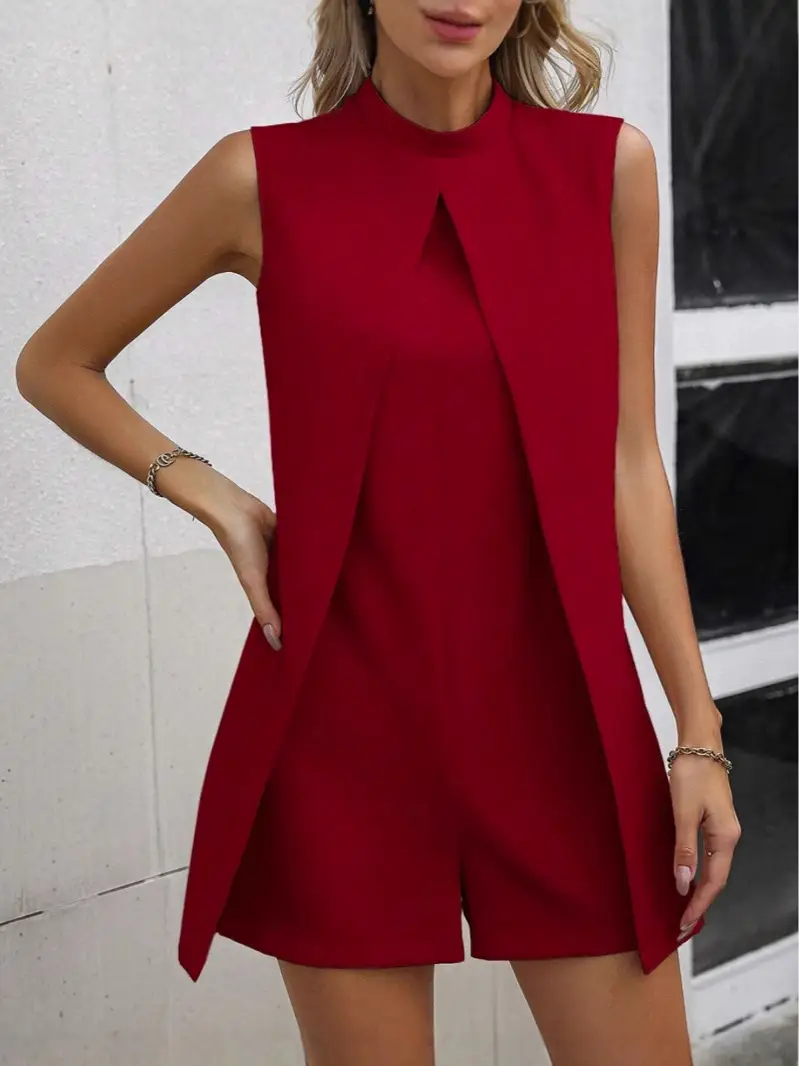 Women Pink Sleeveless Stand Collar Jumpsuit Summer Casual