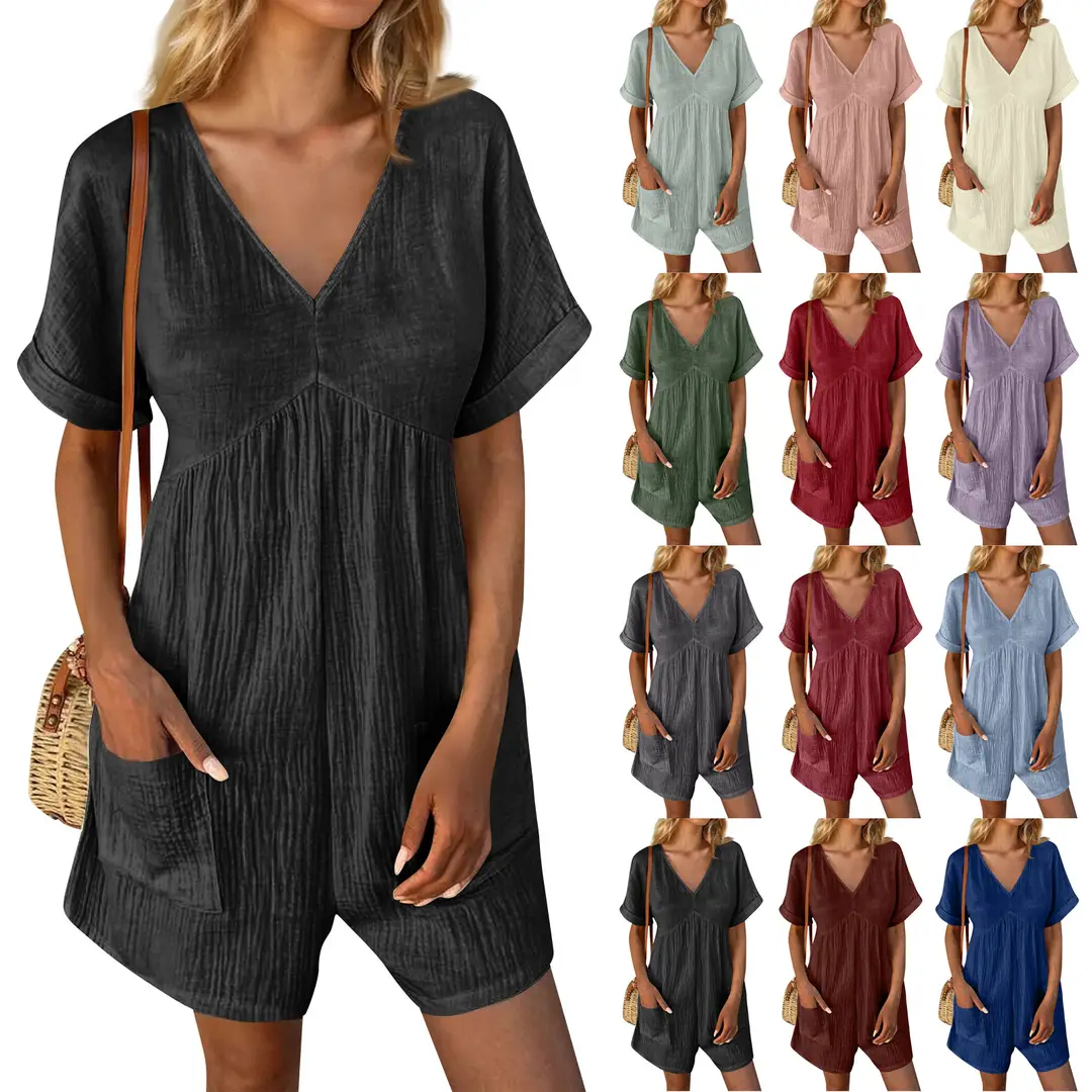 Women V Neck Loose Short Sleeve Jumpsuit Summer Multi Color