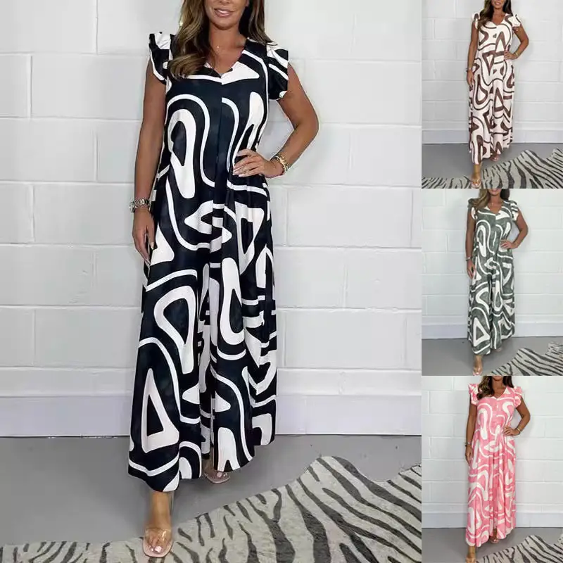 Women Printed Wide-Leg Jumpsuit Summer Casual Black White