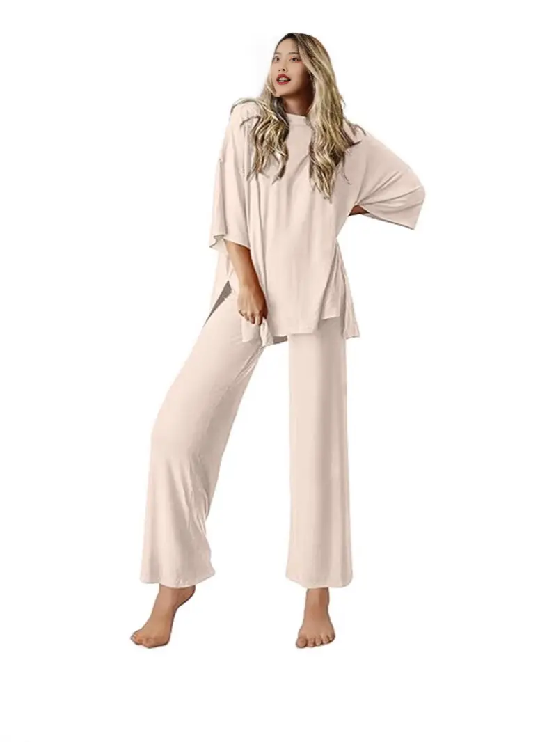 Pink Loose Women's Sleepwear Set with Short Sleeves