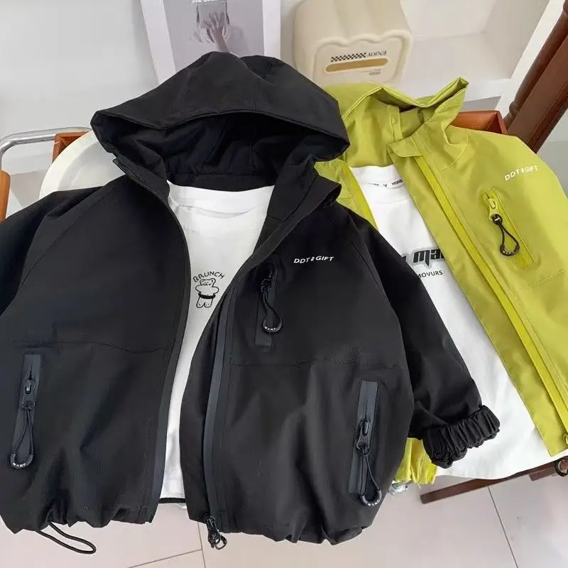 Boys Hooded Jacket Yellow Black Zipper Winter Warm