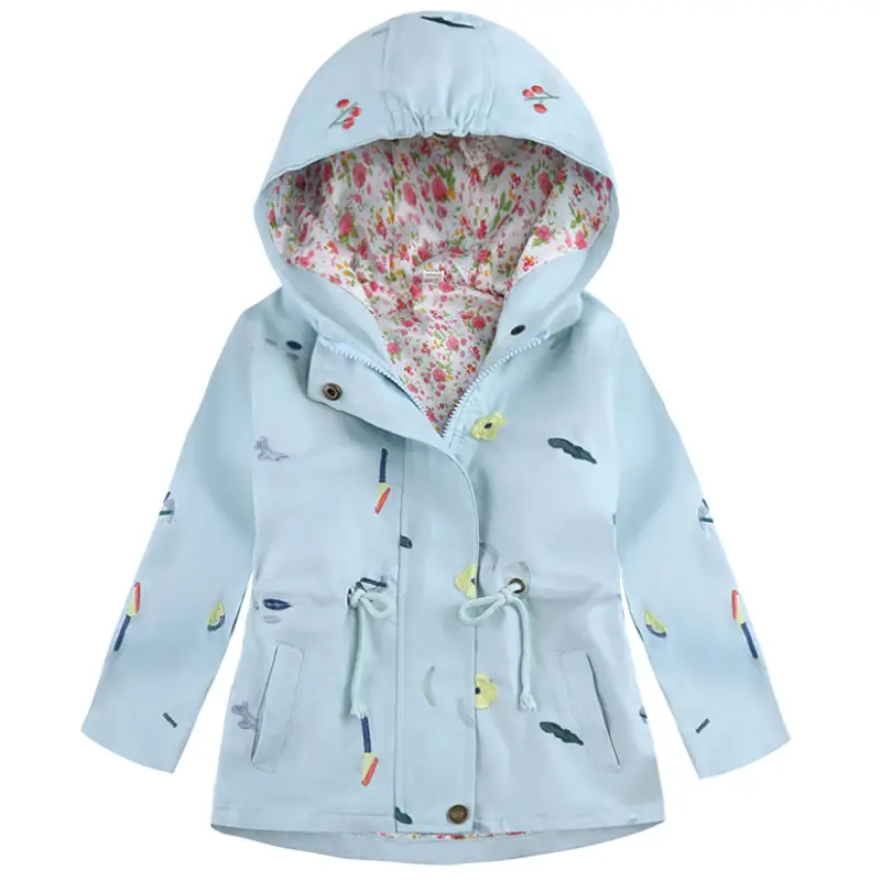 Pink Hooded Windbreaker for Girls with Embroidered Flowers