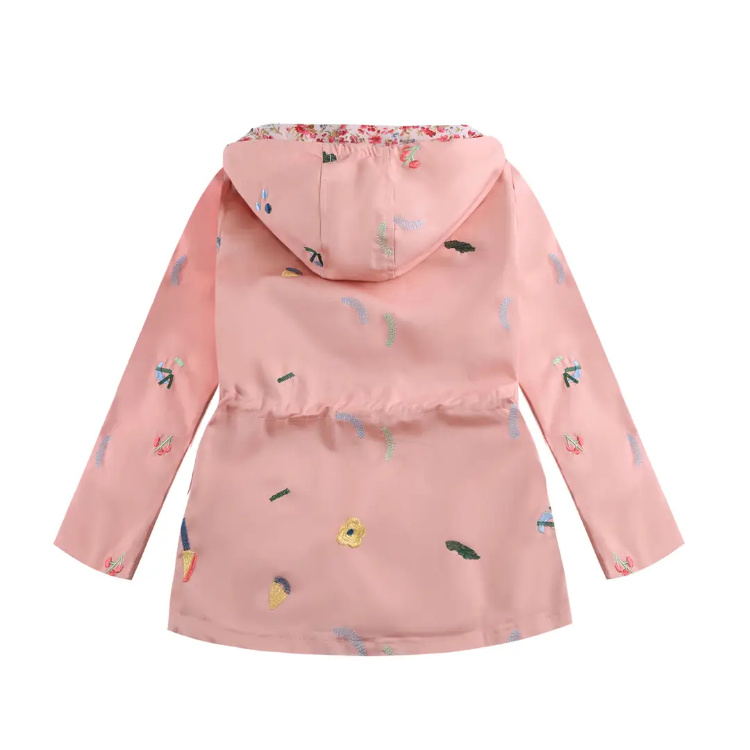 Pink Hooded Windbreaker for Girls with Embroidered Flowers