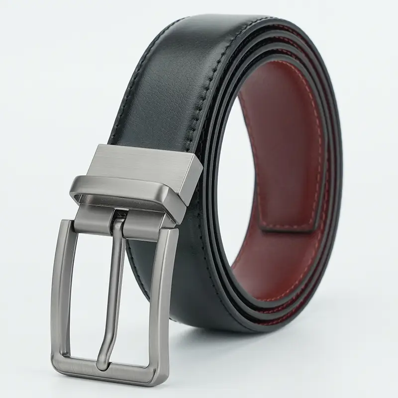 Men Leather Belt Black Matte Gun Rotating Pin Buckle