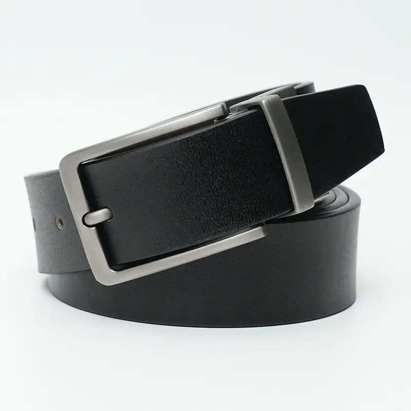Men Leather Belt Black Matte Gun Rotating Pin Buckle