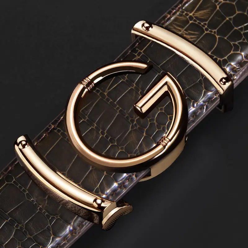 Men's Crocodile Skin G Buckle Belt Black Gold