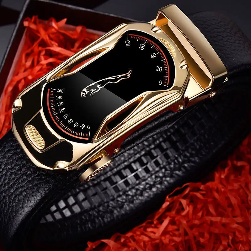 Men Automatic Buckle Litchi Pattern Belt Black Gold
