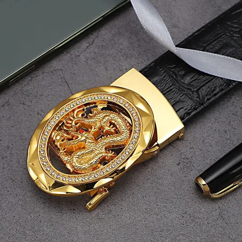 Men Automatic Buckle Litchi Pattern Belt Black Gold