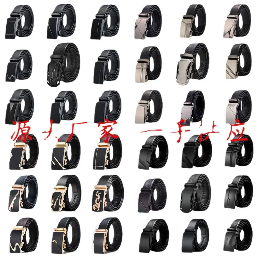 Men Automatic Buckle Litchi Pattern Belt Black Gold