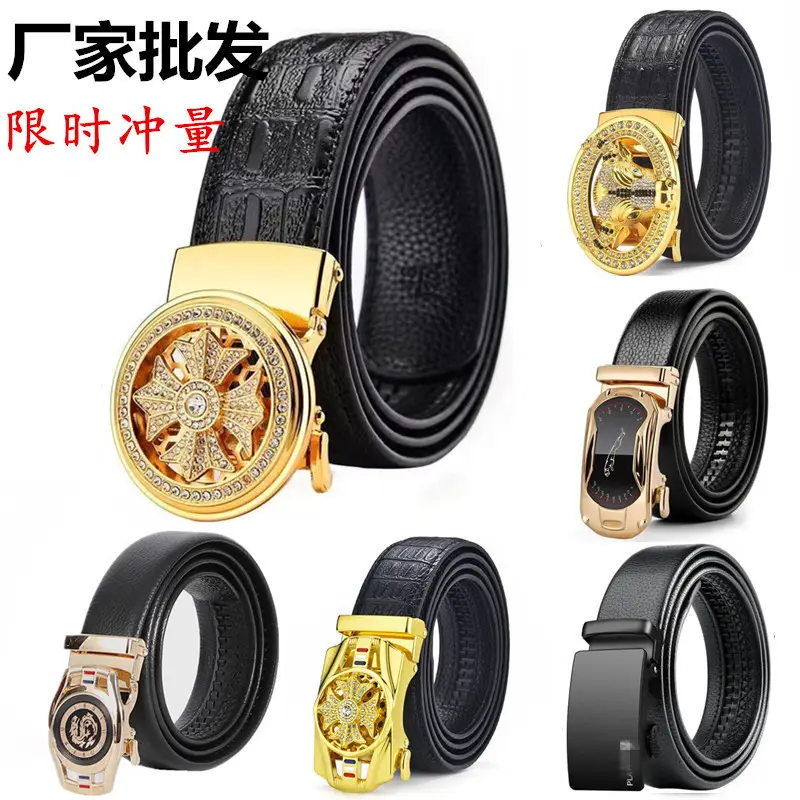 Men Automatic Buckle Litchi Pattern Belt Black Gold