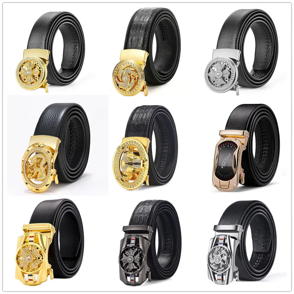 Men Automatic Buckle Litchi Pattern Belt Black Gold