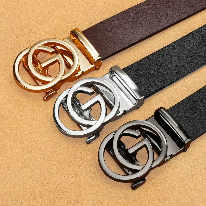 Men's First Layer Cowhide Automatic Buckle Belt Black Gold Silver