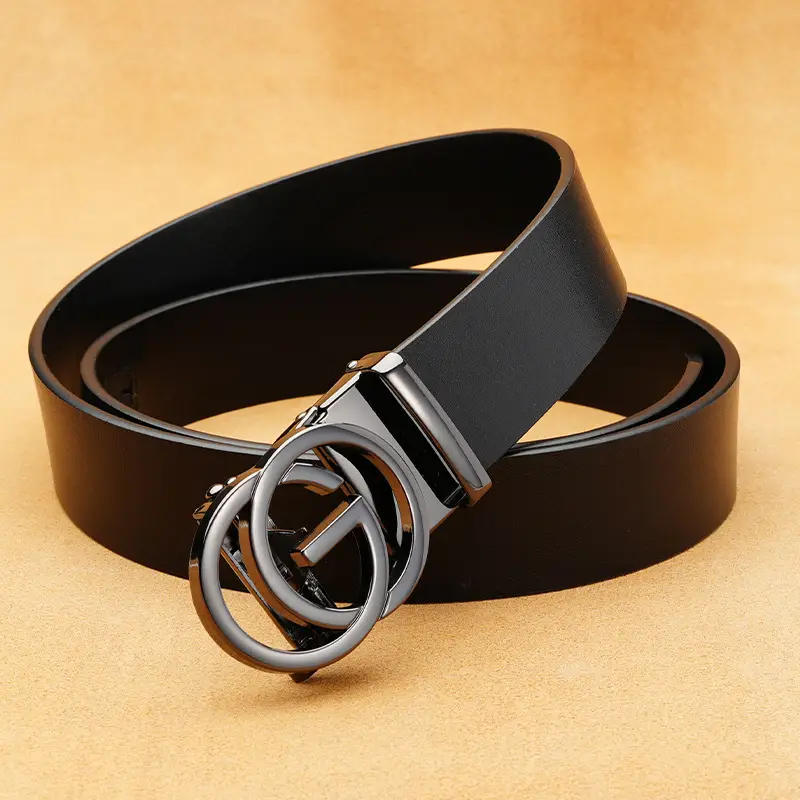 Men's First Layer Cowhide Automatic Buckle Belt Black Gold Silver