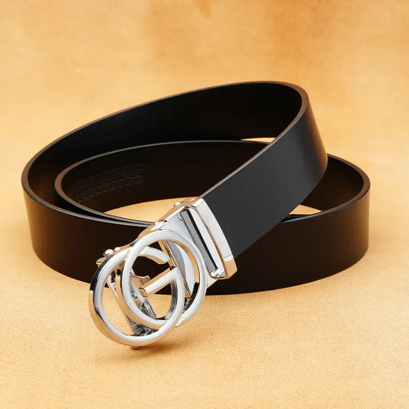 Men's First Layer Cowhide Automatic Buckle Belt Black Gold Silver