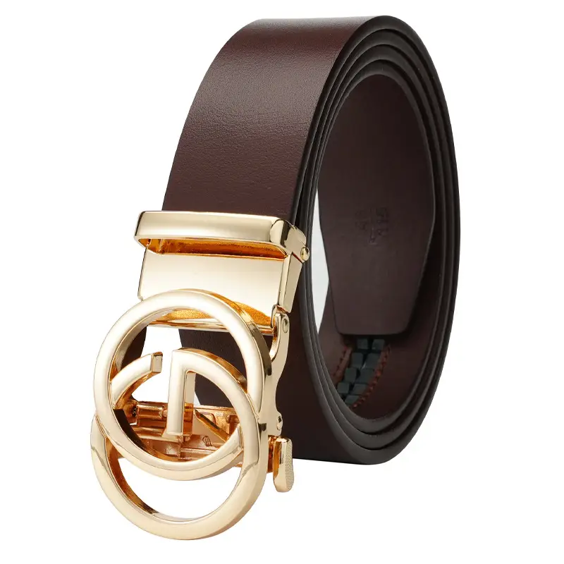 Men's First Layer Cowhide Automatic Buckle Belt Black Gold Silver