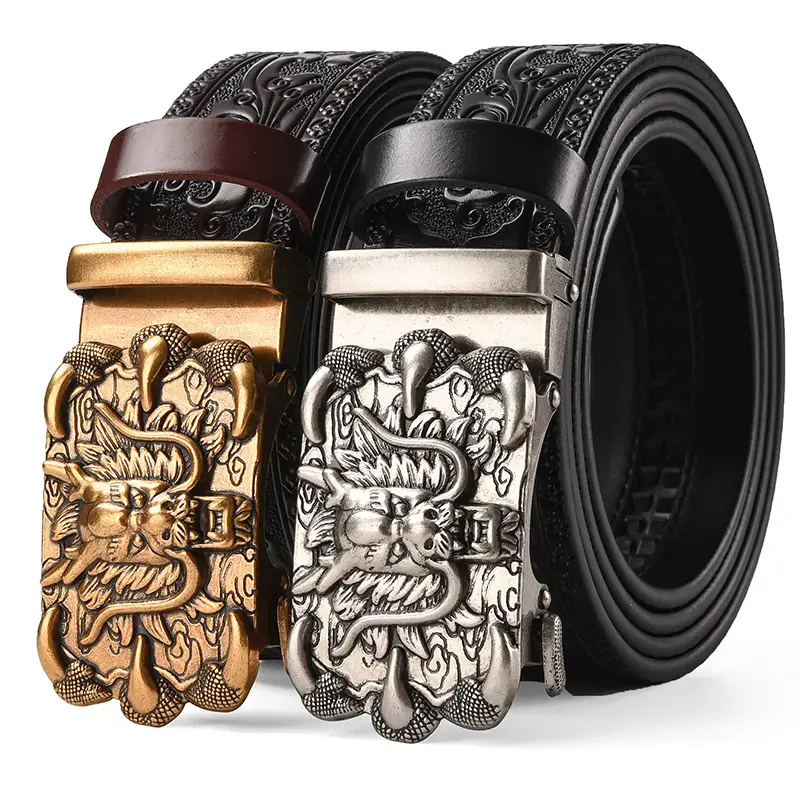 Men Leather Belt with Dragon Buckle Black & Copper