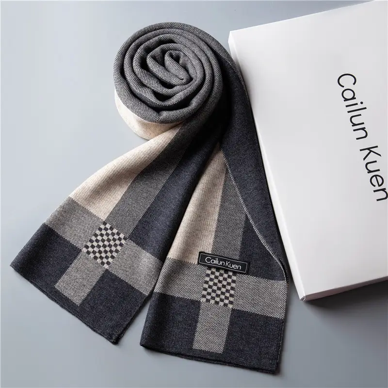 Men Wool Plaid Scarf Winter Warm Gray Korean Style