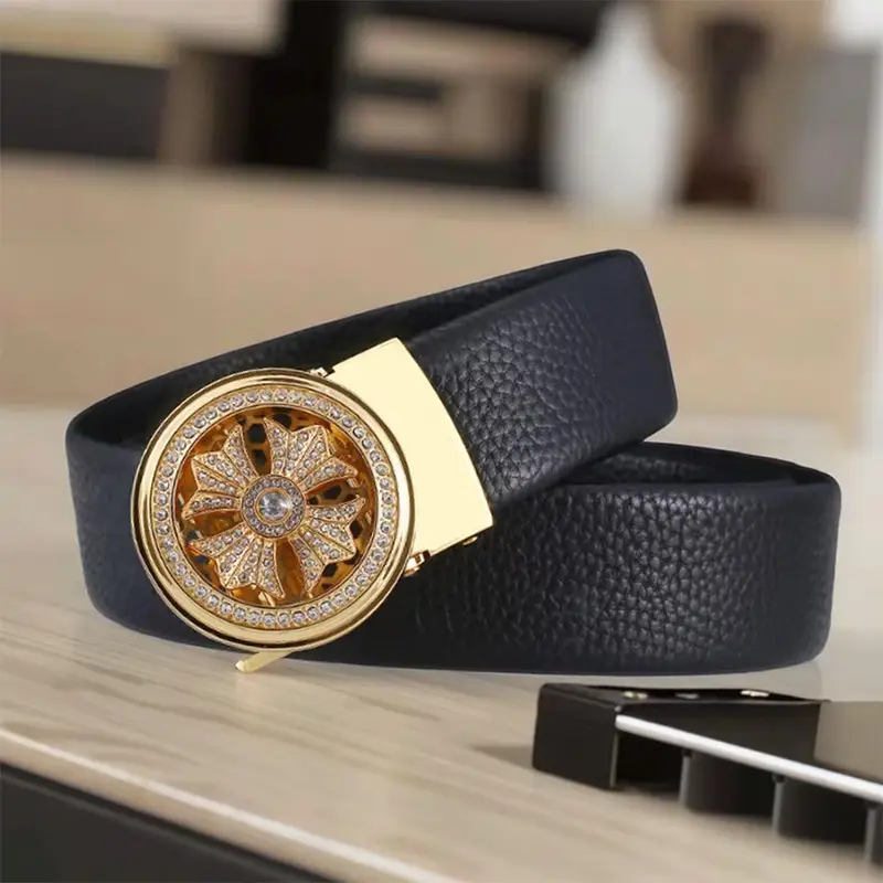 Men's Black Leather Belt with Gold Rotating Buckle