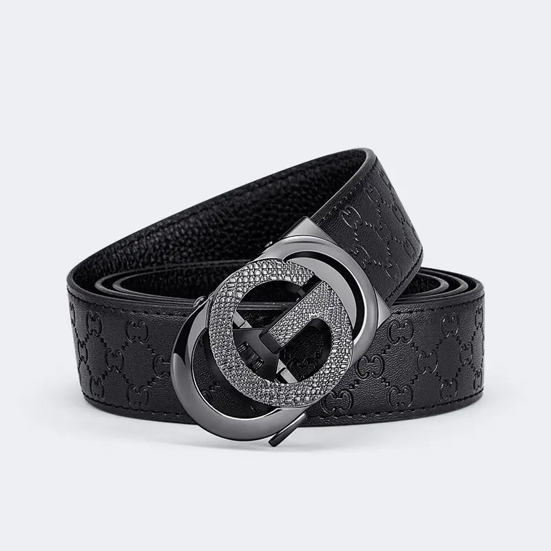 Men Black Embossed Automatic Belt Premium Cowhide Casual