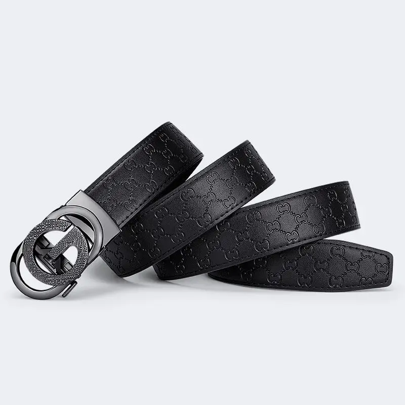 Men Black Embossed Automatic Belt Premium Cowhide Casual