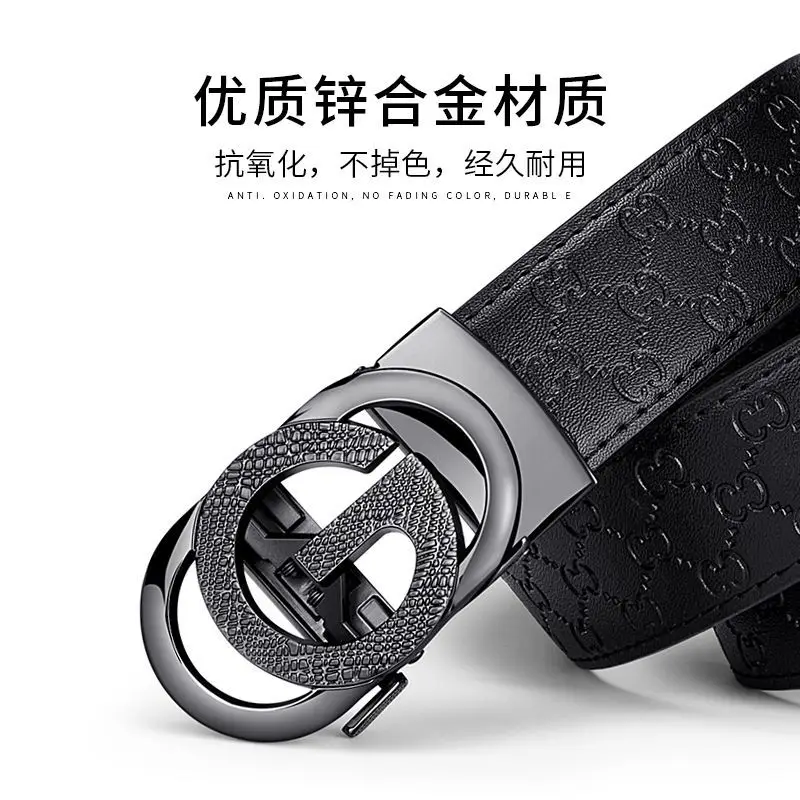 Men Black Embossed Automatic Belt Premium Cowhide Casual