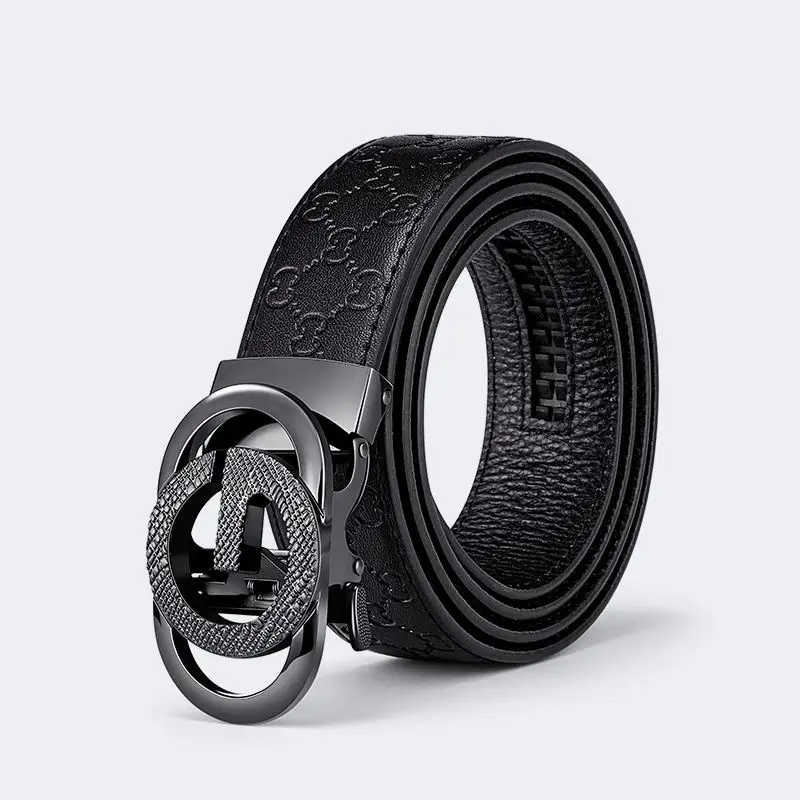 Men Black Embossed Automatic Belt Premium Cowhide Casual