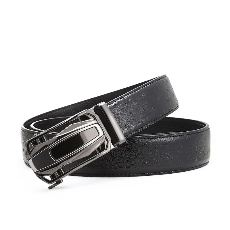 Men's Automatic Buckle Leather Belt Gold Brown Ostrich Pattern