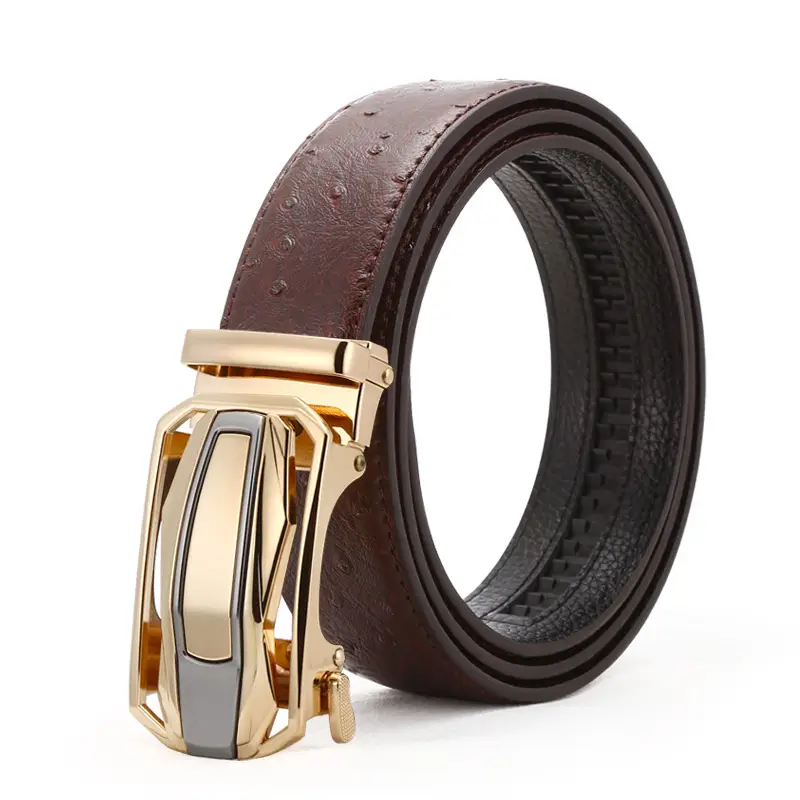 Men's Automatic Buckle Leather Belt Gold Brown Ostrich Pattern
