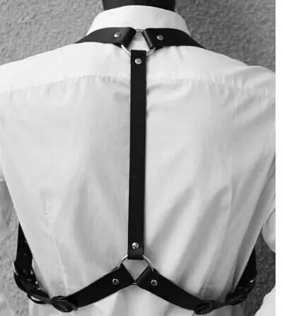Men Black Leather Chest Strap Suspenders
