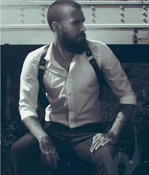 Men Black Leather Chest Strap Suspenders