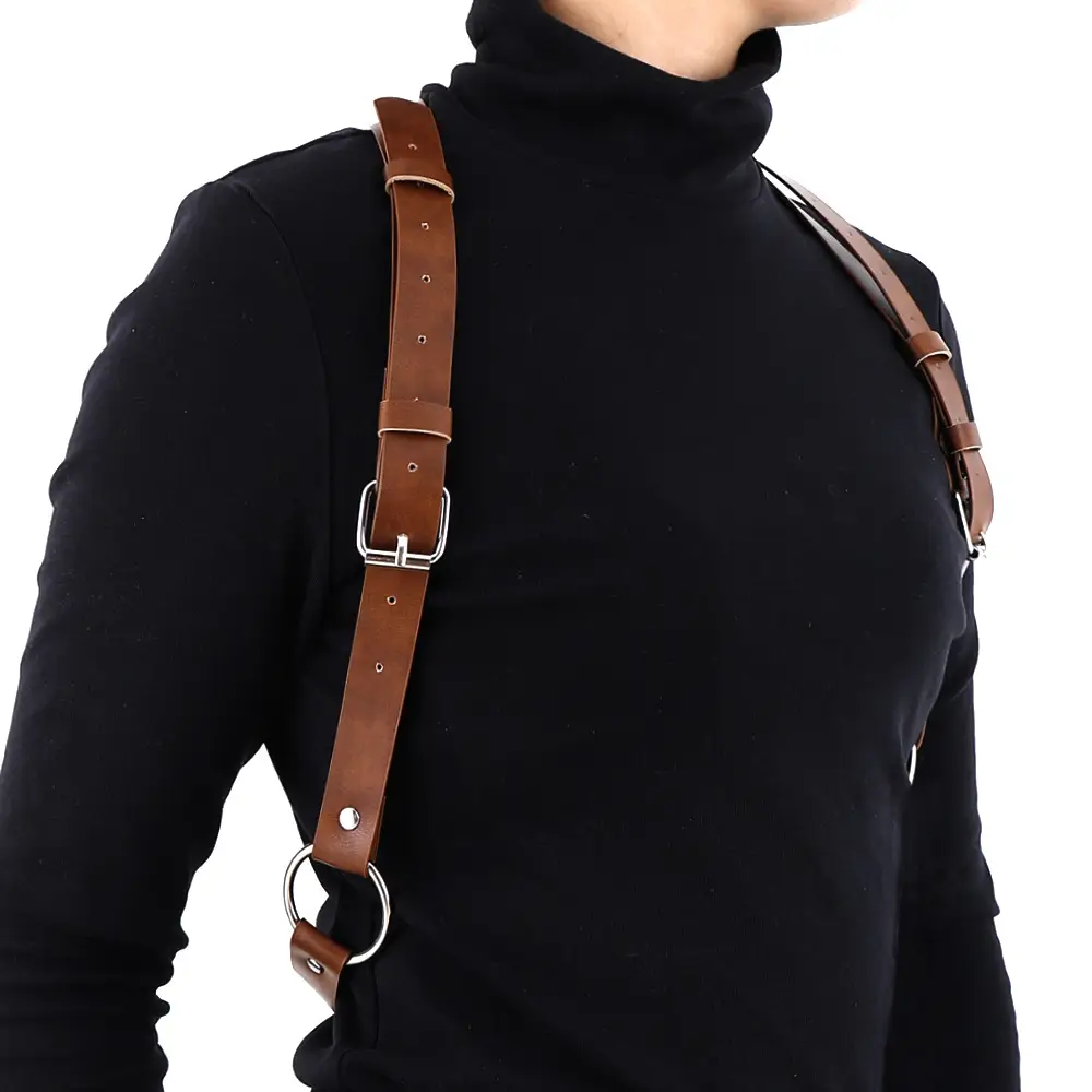 Men Black Leather Chest Strap Suspenders