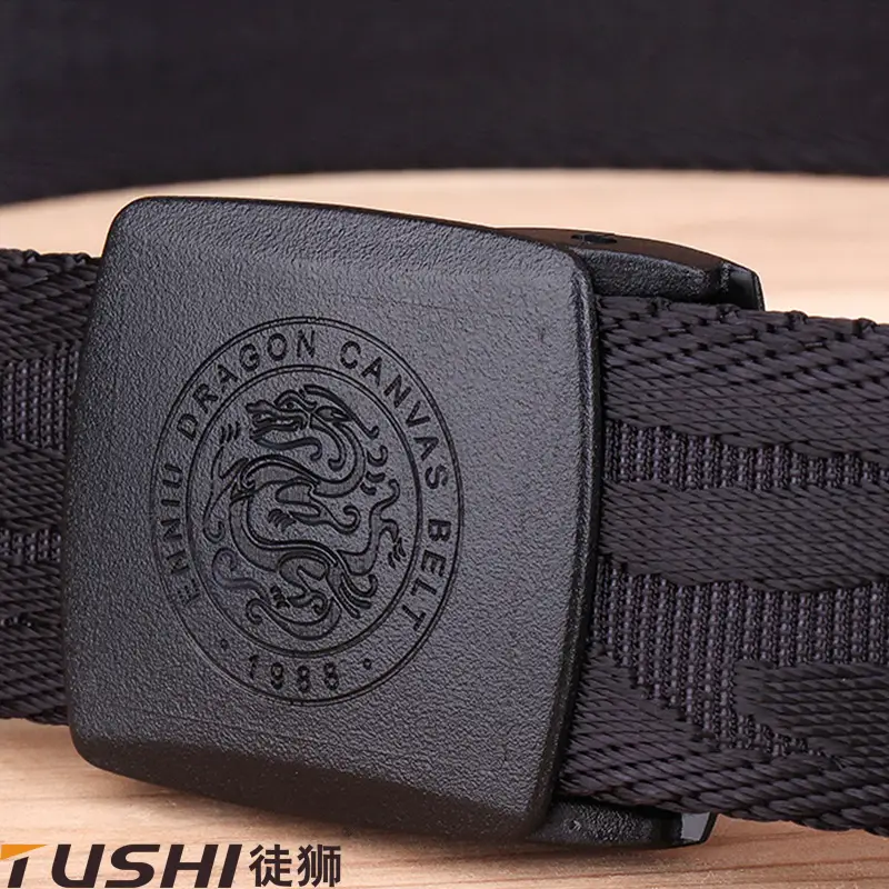 Men Dragon Canvas Belt Nylon Khaki 120cm