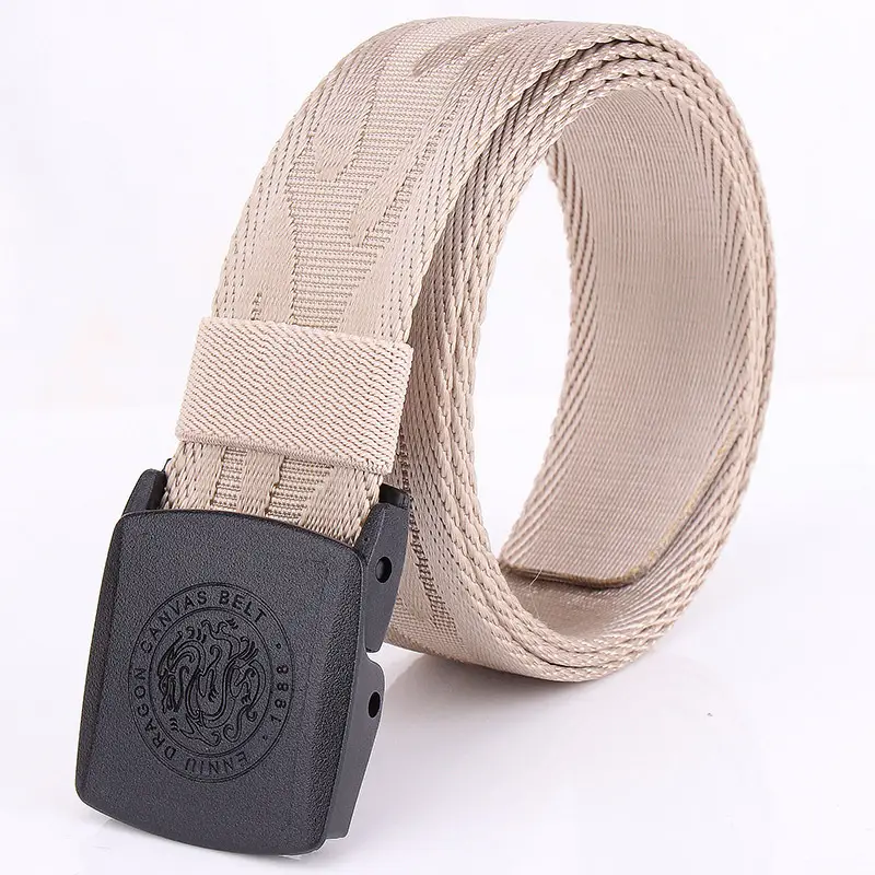 Men Dragon Canvas Belt Nylon Khaki 120cm