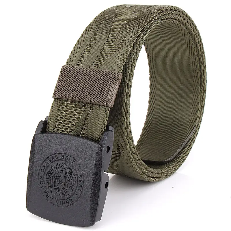 Men Dragon Canvas Belt Nylon Khaki 120cm