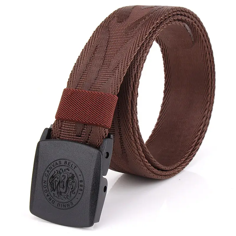 Men Dragon Canvas Belt Nylon Khaki 120cm