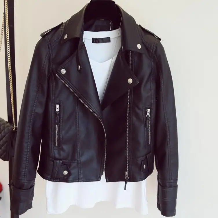 Women Slim Fit Leather Jacket Black Autumn