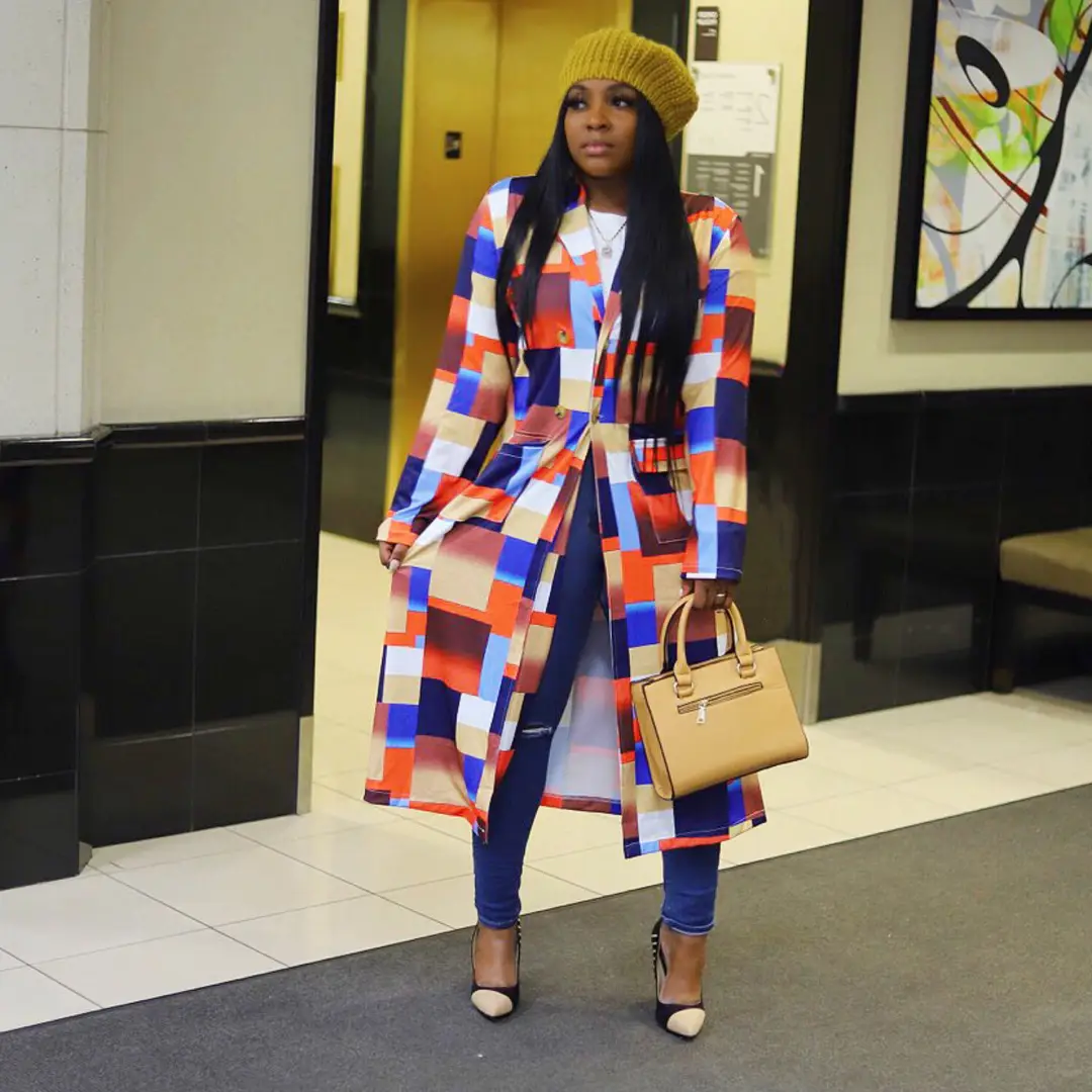 Women Plus Size Plaid Trench Coat Autumn Yellow Red Blue